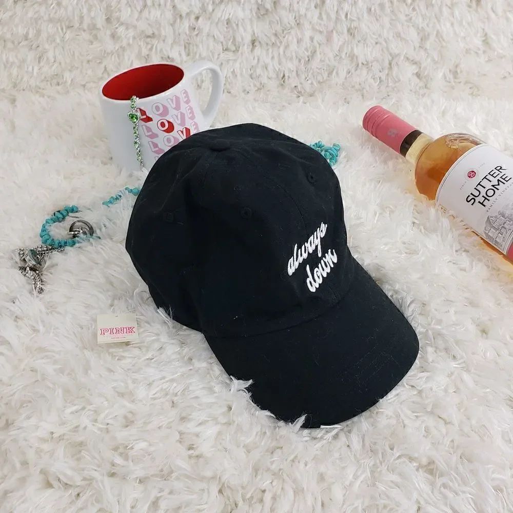 Victoria's Secret ONE SIZE Black Cap Always Down Embroidery PINK